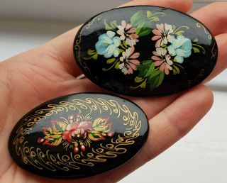2 X Vintage Russian Hand Painted Lacquer Paper Mache Brooch