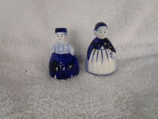 Vintage Hand Painted Delft Blue Holland Dutch Pair Woman & Man Porcelain Bells
