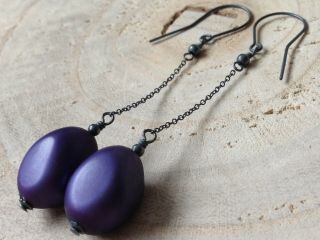 Vintage Purple Matt Pearlised Glass Beads Oxidized Sterling Silver Earrings