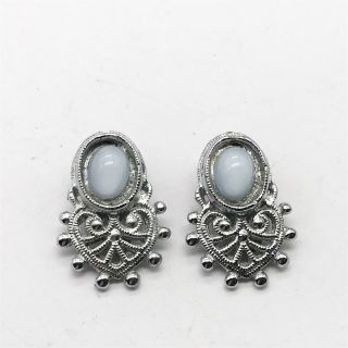 Vintage Ladies Costume Jewellery Silver Tone Nouveau Style Clip On Earrings
