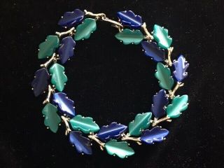 Vtg Signed Lisner Deep Blue & Green Lucite Leaf Link Brkn Necklace Repair/craft