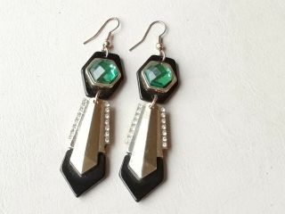 Vintage Jewellery Black And Green Art Deco Style Earrings For Pierced Ears