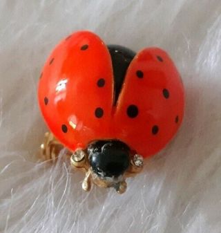 Vintage Lady Bug Beetle Rhinestone Red Black Enamel Gold Tone Brooch Pin