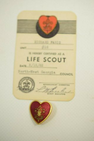 Vintage Boy Scouts Life Scout Award; Parents Pin And Card Dated 1962