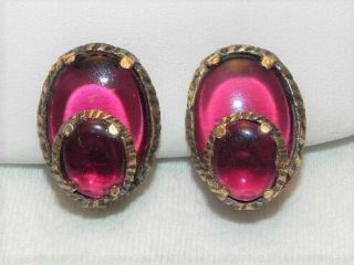 Vintage Trifari Burgundy Red Glass 60s Clip Earrings Open Backed Gold Tone