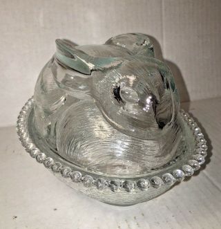 Vintage Indiana Glass Covered Bunny Rabbit On A Nest 2 Piece Dish