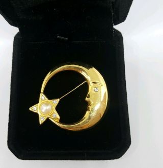 Vintage Moon And Stars Faux Pearl Gold Tone Brooch Costume Jewellery Pretty Pin