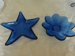 Vintage Retro Art Glass Blue Flower Dish & Star Shaped Dish Bowls 20cm X 26cm Di