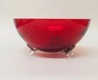 Vintage Ruby Red Glass Bowl Applied Glass Feet (18cm Wide) Floral Engraved