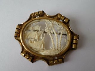 Vintage Celluloid Picture Scene Brooch - Sail Ship And Desert Island