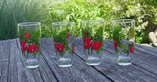 Set Of Four Vtg Retro Drinking Glasses - 6 " Tall - Strawberries -