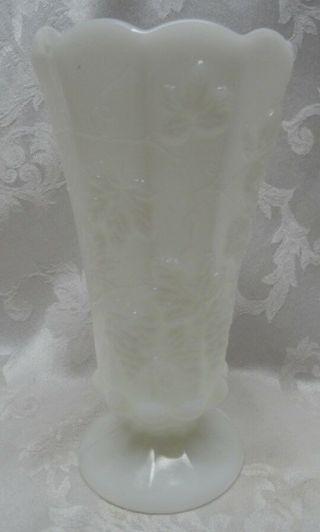 Vintage White Milk Glass Vase Grapes And Leaves 1950s Collectible Glass 9 "