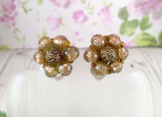 Vintage Light Brown Murano Glass Bead Cluster Clip On Earrings 2