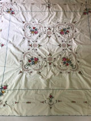 Vintage Tablecloth 48 " Square Hand Embroidery Floral Cut Work