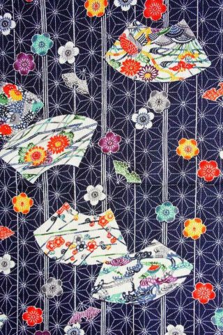 Vintage Japanese Kimono Silk Fabric | Hemp,  Fans On Navy Crepe 41 " | Quilting