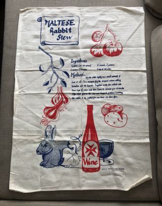 Vintage Tea Towel Maltese Rabbit Stew Malta Weave - Hand Printed Collectable