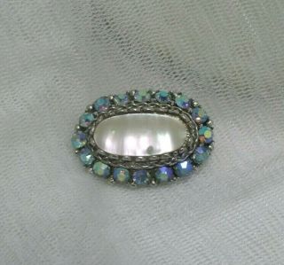 Vintage Silver Colour Mop Pale Blue Ab Rhinestone Signed Brooch Pin