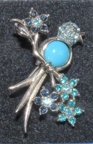 Stunning Vintage Brooch Bird On A Branch - Turquoise And Blue Coloured Stones