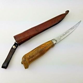 Vtg J Marttiini Rapala 8 " Fish N Fillet Knife Wood Handle 4 " Signed Blade Sheath