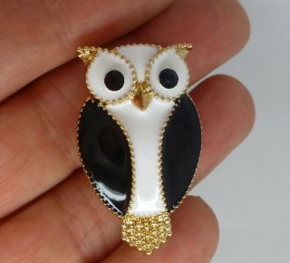 Owl Bird Brooch Black White Enamel Crystal Retro Vintage Style Pin Gift Box