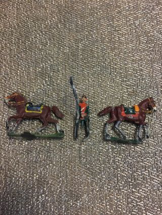 Vintage Die Cast Toy Soldier W Flag With Two Die Cast Horses Hand Painted