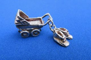 Vintage 925 Sterling Silver Charm Pendant A Baby Shoes & Pram