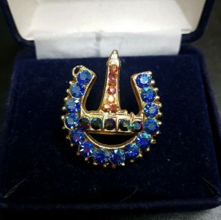 Vintage Horseshoe Blue Unique Gold Tone Costume Jewellery Pretty Paste Diamante