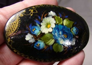 Vintage Hand Painted Folk Art Russian Flowers Miniature Painting Wood Pin/brooch