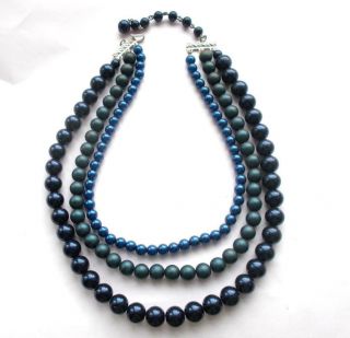Vintage 50s Midnight Blue Lucite Pearl Beads Tiered Beaded Multi Strand Necklace