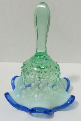 Vintage Hobnail Green Glasss Bell Ruffled Edge With Cobalt Blue Trim B11
