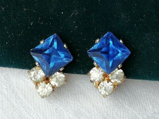 Vintage Jewellery Bright Blue And Diamante Clip On Earrings