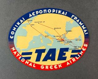 Tae National Greek Airlines Route Map Vintage Luggage Label Baggage