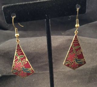 Vintage Gold Tone Pierced Earrings Red Enamel Cloisonne W/ Flowers & Birds