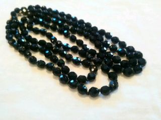 Vintage French Jet Faceted Glass Bead Flapper Length Necklace Screw Clasp
