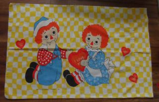 Vintage Raggedy Ann And Andy Pillowcase - I Love You Heart Yellow & White Check