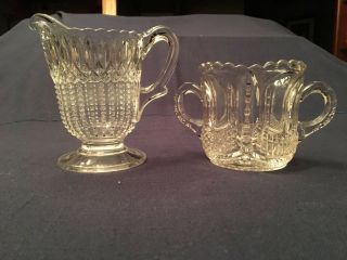 Vintage Clear Scalloped Top Cut Glass Crystal Footed Creamer & Sugar Bowl Set