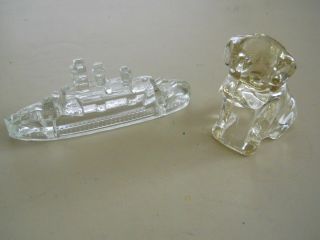 2 Vintage Glass Toy Candy Containers Battleship And " Mopey " Dog Paperweights