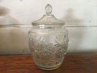 Vintage Anchor Hocking Clear Glass Cookie Jar Sandwich Pattern With Lid