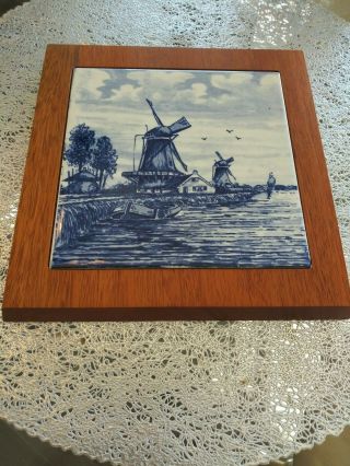 Vintage Mid Century Delft Blue & White Tile Trivet Wood Windmills Holland