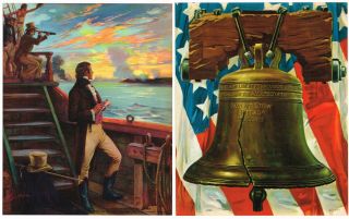 2 Vintage Calendar Prints 1940s Patriotic Francis Scott Key & Liberty Bell