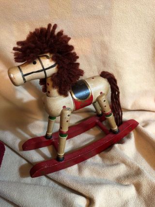 Retired Russ 7” Wooden rocking horse Red Green Gold Yarn Mane & Tail Vtg 3