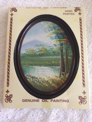 Vtg Nos Handpainted Oil Painting - Small Oval Framed - Mountain Stream