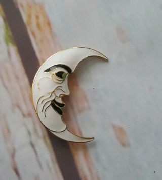 Vintage 80s White Enamel Man In The Moon Face Crescent Brooch