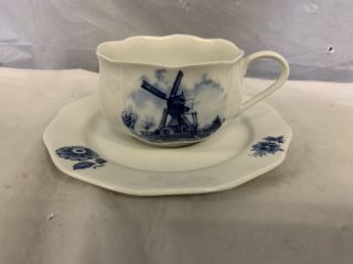 Vintage Delft Blauw Hand Decorated Tea Cup & Saucer Holland (windmill)