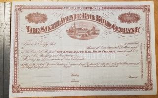 Vintage 6th Ave Railroad Co.  Nyc Uncirculated Stock $100 Shares Rr York City