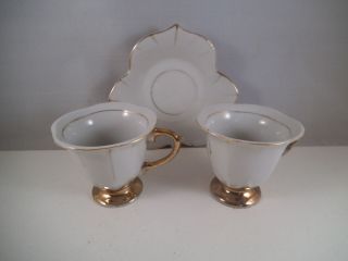 Vintage Made In Japan Demitasse 2 Cups & 1 Saucer White Gold Leaf Pattern