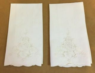 Two Vintage Tea Or Guest Towels,  Flower & Leaf Embroidery,  Cut Work,  Off White