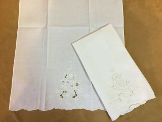 Two Vintage Tea Or Guest Towels,  Flower & Leaf Embroidery,  Cut Work,  Off White 2