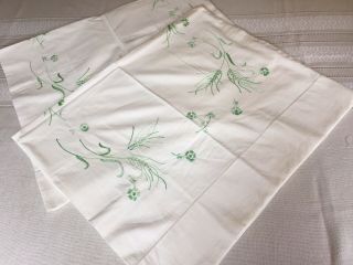 Pair Vintage White Cotton Pillowcases,  Embroidered Green Floral And Wheat