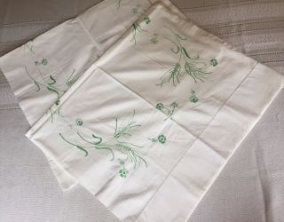 Pair Vintage White Cotton Pillowcases,  Embroidered Green floral and Wheat 2